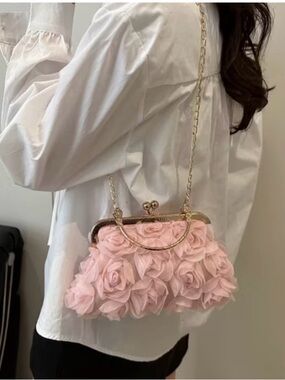 Rose Appliqué Pink Evening Clutch with Gold Chain